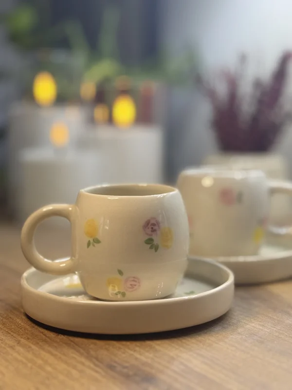 Pembe Çiçekli Türk Kahvesi Fincan Seti | Flamio Studio